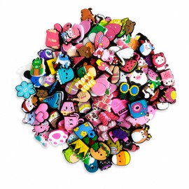LVBIYDU 50 Pcs Random Shoe Charms for Clog Shoe Decoration, Cute PVC Charms with 3 Surprise Themes Randomly Selected, Multi-Color Accessories for Girls Teens Adults, Clear Storage Box Included