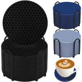 12PCS Posavasos para Mesa con Soporte Portavasos de Silicona Antideslizantes Posavasos para Bebidas Protección para Mesa para Vasos de Todos Los, Adapta Bar Hogar Restaurante Cafetería (Negro)