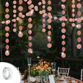 Circle Dots Garland,4Pack Glitter Rose Gold Hanging Paper Polka Dot Streamer with Tape for Birthday Graduation Party Baby Bridal Shower Decorations Backdrop Background Table Wall Decor(52 FT)