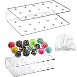 2Piece Lollipop Display Stand,Sturdy Acrylic Lollipop Stand with 15 Slots,Includes 100 Sticks for Bakery,Party and DIY Confectionery All-in-one Display (Clear)