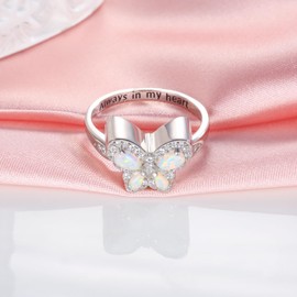 Anillos de urna de mariposa de ópalo para cenizas de seres queridos de plata de ley 925, anillos de cremación, joyería conmemorativa para mujer, Plata, Zirconia cúbica