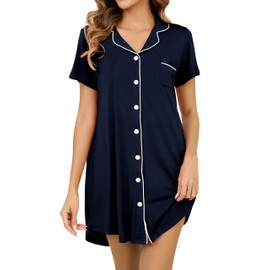MTMHO Womens Nightgown Button Down Sleepshirts Short Sleeve Sleepwear Boyfriend Nightshirts Pajama Dress Navy Blue M