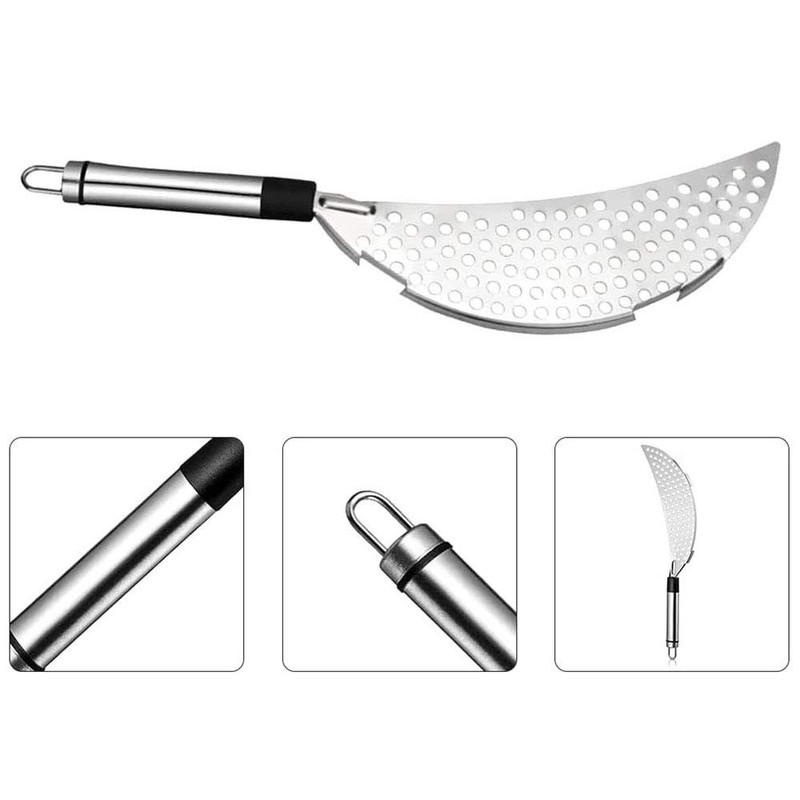 Stainless Steel Pot Strainer with Handle, Crescent Half Moon Shaped