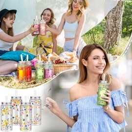 Honeydak 24 Pcs Plastic Cups with Lids and Straws Clear 13. 5 oz Reusable Party Drinking Tumbler for Spring Summer Spider Birthday Party Supplies(Wildflower)