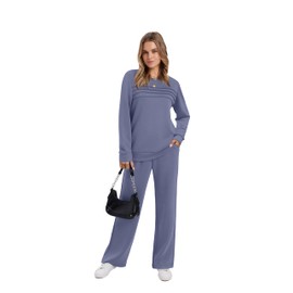 WIHOLL Women's Two Piece Outfits Fall Long Sleeve Travel Lounge Set Fashion Loungewear Wide Leg Tracksuit Winter Jumpsuits for Women Blue M