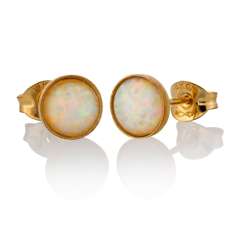 White Opal Stud Earrings 8mm Gold Filled Dainty Earrings