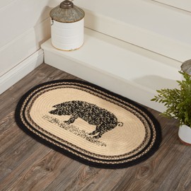 VHC Brands Sawyer Mill Charcoal Farmhouse Animal Design Area Entry Dining Room Living Room Kitchen Floor Cover Oval Jute Rug w/Rug Pad 20x30 Pig