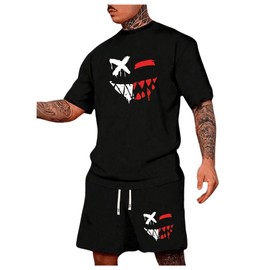 WDIRARA Men's 2 Piece Short Sets Graphic Print Short Sleeve T Shirts and Drawstring Shorts Clothing Set Black 3X-Large