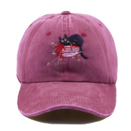 Women Cat Hat - Cat & Plants Embroidered Dad Hat, One Size Fits Most Garden Hat, Pink & Purple