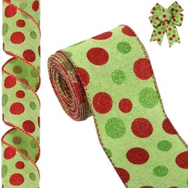 Christmas Ribbon for Tree, Green Red Polka Dot Ribbons Wired Glitter Dot Fabric Ribbon Gift Wrapping DIY Craft Wreath Bows Making Xmas Tree Decor Party Birthday Decoration, Green, 10 Yards x 2.5inch