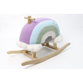 Hopscotch Squad Rainbow Rocker Fully Assembled Natural Wood Rocking Horse with Soft Fleece Multi-Color Puffy Plush Clouds
