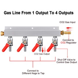 MRbrew Gas Manifold, CO2 Gas Distributor, 5/16'' Barb Fitting Beer Kegerator Splitter, 4-Way Air Distributor with Integrated Check Valves & Hose Clamps
