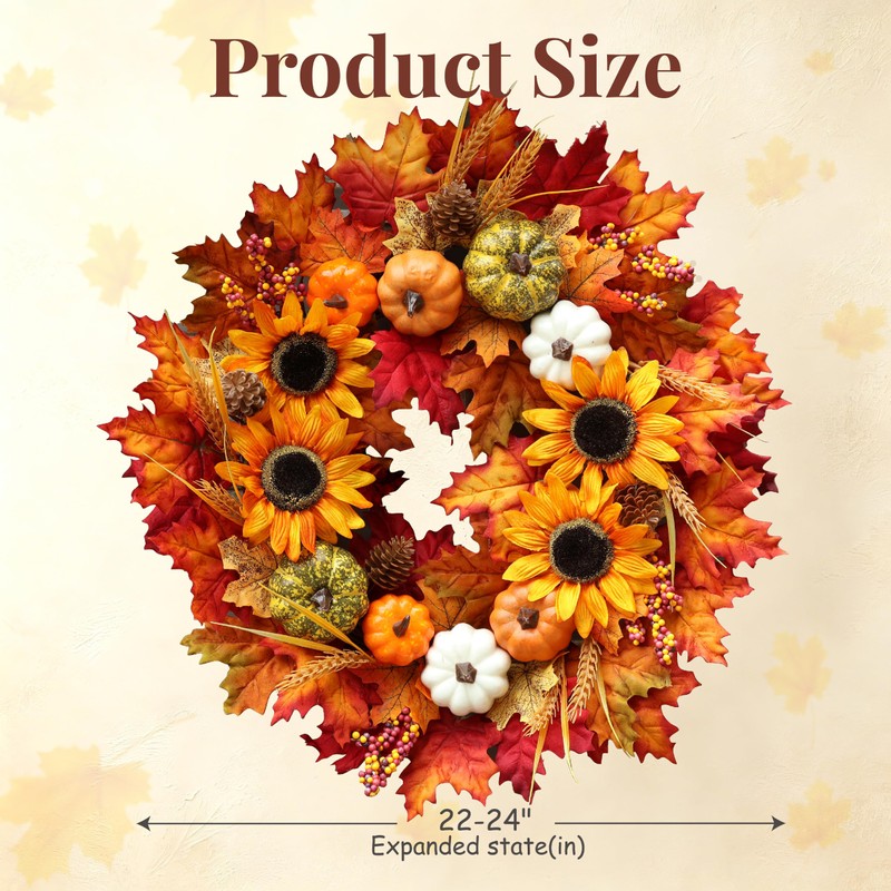 24 Inch Sunflower Fall Wreath for Front Door with Maple
