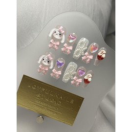 Handmade Press On Nails Long MouyouGlow, Ballerina Kawaii Pink 3D Cute Cinnamo Roll Heart Dog Bow Kitty Cartoon Y2K Coquette Resuable Fake Nails, Handmade Artificial Fingernails, Pack of 10 S