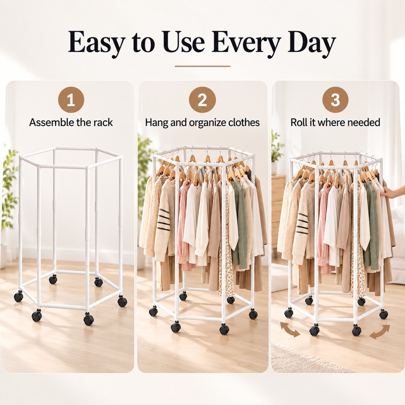 360° Rotating Clothes Rack for Bedroom Storage – Floor-Standing Iron