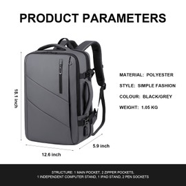 Fitzkor Travel Laptop Backpack 36-55L Expandable 15.6inch Laptop Backpack Usb Charging Port Lightweight (Grey)