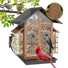 FlowaFoli Bird Feeders for Outdoors, Metal Bird Feeder with Double Suet Cage Weatherproof Metal Roof, 2 in 1 Mixed Seeds Suet Feeder, 4Lbs Large Capacity, Great for Finch、Cardinal、Chickadee（Brown）