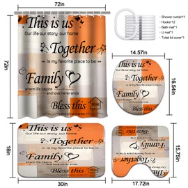 Lnond 4Pcs Bathroom Shower Curtain Sets with Rugs, Orange Motivational Home Family Bathroom Sets with Shower Curtain and Rugs and Accessories
