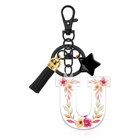 Black Initial Letter Keychain Gift for Women, Acrylic Letter Initials Keyring Alphabet Initial Letter Pendant Keyring Gift Tassel Star Pendant Key Ring for Handbag Car Key Bag Keyring(Letter U)