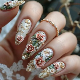 TBRZTR Flower 3D Press on Nails Almond Shaped Pearl Floral Pattern Design 3D Acrylic False Nail Full Cover Artificial Stick on Nail Long 24Pcs Reusable Blossom Press Ons Glue on Nails for Women