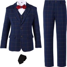 Boys Suits Size 8 Dark Blue Plaid Suits for Boys Wedding Easter Outfit Boy's Plaid Jacket Vest Pants Formal Suit Set