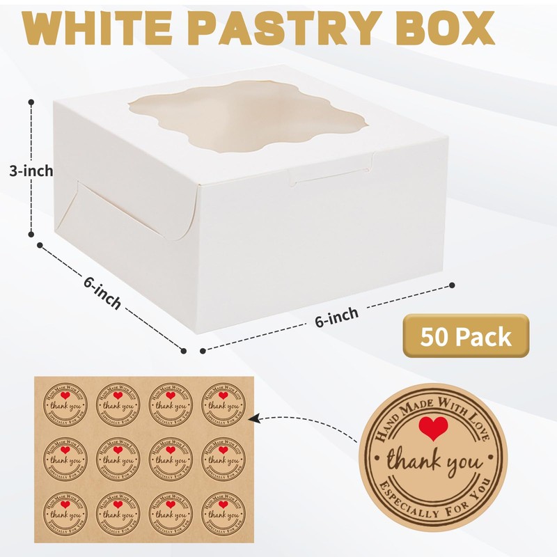 50pcs Cookie Boxes with Window, 6x6x3 Inches White Bakery Boxes,