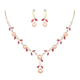 EVER FAITH Bridal Jewelry for Bride CZ Crystal Pink Simulated Pearl Floral Vine Filigree Necklace Earrings Set Gold-Tone