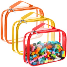 Sanwuta 3 Packs Toy Storage Bags with Zipper, Clear PVC Organizing Bags, Waterproof Toy Bags for Board Games, Building Blocks, Toys and Kids Books (Red, Yellow, Orange,12.6 x 9 x 2.36 Inch)