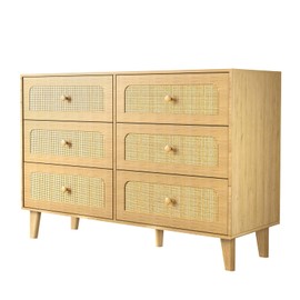 Rattan Drawer 6 Dresser for Bedroom, Mid-Century Modern Chests of Drawers Storage Chest of Drawers for Closet with Wide Top, Long Wooden Dresser for Living Room, Hallway, Kids Room, Natural Brown