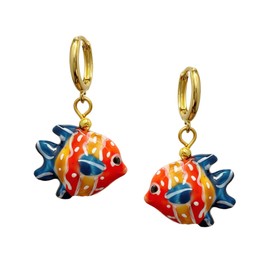 Hand-Painted Tropical Fish Earrings, Colorful Beach Summer Jewelry, Fun Novelty Porcelain Gold Huggie Hoops Dangle Earrings for Women Girls Fish Lovers (Happy)
