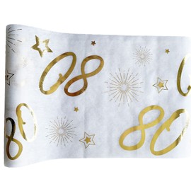 Tralala Fêtes© - 80th Birthday Table Runner - Decorative Table Runner for Centerpieces - Chic White and Gold Table Decoration - High Gloss Roll 31.5 x 500 cm - Tablecloth (80 Years)