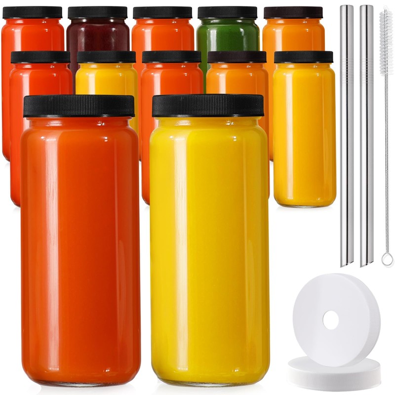 12 PACK, 16 OZ Glass Juice Bottles with Airtight Lids,