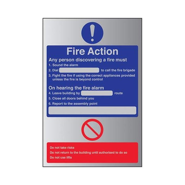VSafety General Fire Action Dial Sign - 300mm x 400mm - 3mm Brushed Alu Comp