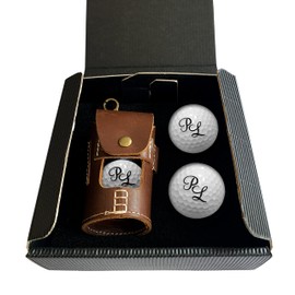 Ledertasche für Golfball mit Gravur Initialen für Golfspieler/in Lasergravur Dein Text personalisiert Golfsport Wunschtext Personalisieren inklusive 4 Wilson Ultra Golfbälle