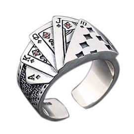 Yeoubi Ring, Open Ring, With Zirconia, One Size Fits Most, Silver 925 Plated, Royal Straight Flash Ring, Thick, Trump Ring, Poker Ring, Men's, Silver, Diamond, Diamond Ring, Playing Cards, Poker, Silver Ring, Adjustable, Metal
