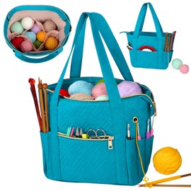 Veirdro Crochet Bag Organizer for Yarn Storage, Velvet Knitting Tote Bag with Double Handle for Crochet Accessories, Portable Travel Case for Yarn Balls, Crochet Hooks& Knitting Needles Holder (Teal)