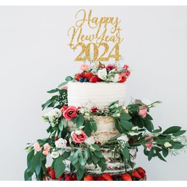 Decoración para tartas Happy New Year 2024, Cheers to 2024, Hello 2024, Welcome 2024, New Year, Decoración para fiesta de Año Nuevo, purpurina dorada