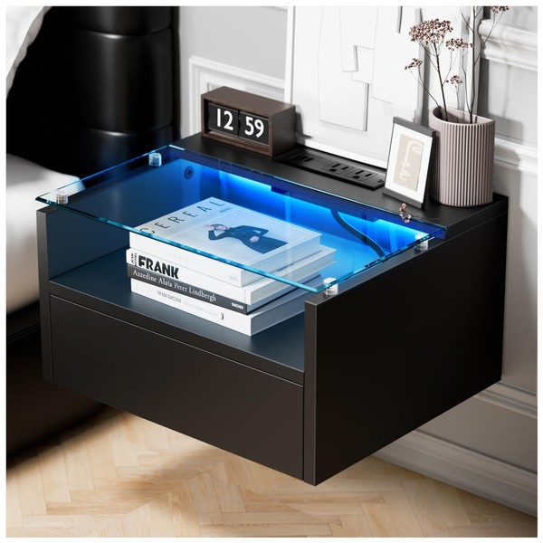 Floating Nightstand Set of 2 with Charging Station, 18.9" Extended