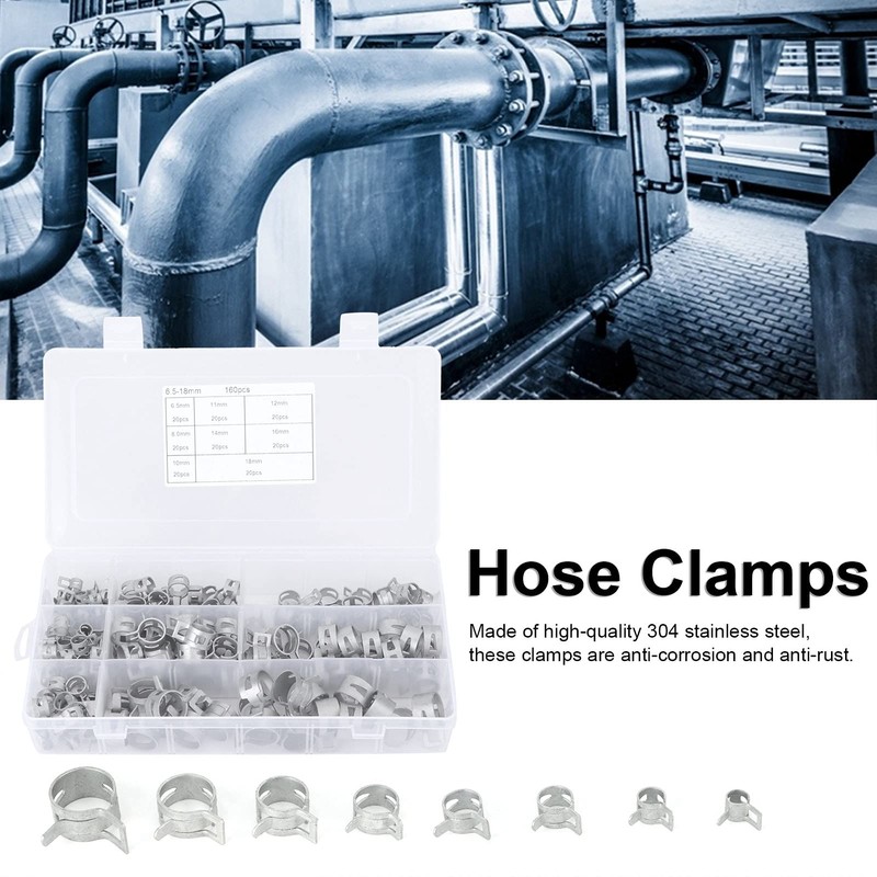 Onewer Hose Clamp Kit, 160 Pcs Hose Clamps Silver 304