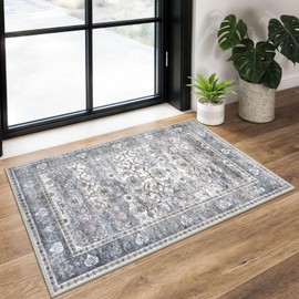KUTA Vintage 2x3 Entryway Rug, Washable Kitchen Rugs & Soft Throw Rug, Non-Slip Floral Distressed Print, Perfect for Front Door, Bedside, or Small Spaces (Grey Retro Style)