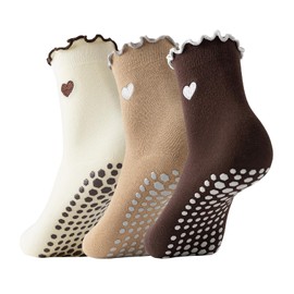 Digoon 3 Pairs Pilates Socks with Grips Non-slip Ruffle Cute Heart Yoga Grip Sock for Women (US, Numeric, 10, Regular, Regular, Socks Set 1)