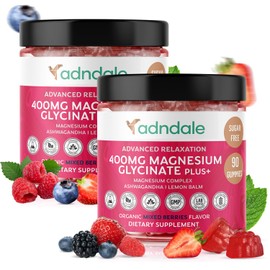 Adndale 180 CT Magnesium Glycinate Gummies 400 mg/Serv, with Ashwagandha, Magnesium Malate & Taurate, Sugar Free Chews for Adults & Kids Relaxation, Stress Relief, Night Rest, Muscle & Cardio Support