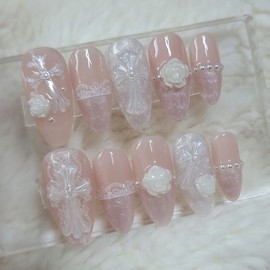 Rose Veil Cross Handmade Nail Tips Wedding Pearl Shell - Ballerina / 로즈 베일 크로스 수제네일팁 웨딩 진주쉘 - 발레리나