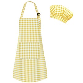 TOPWAYS Grid Kids Apron and Chef Hat Set, Adjustable Check Child Chef Aprons with 2 Pockets, Lattice Print Children's Apron for Kids Toddler Painting Baking Cooking Artist (Yellow, L（7-13Years）)