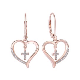 Vesitim Sterling Silver Cross Earring for Women Heart Dangle Drop Earrings Religious Rose Gold Plated Cubic Zirconia Jewelry Gift