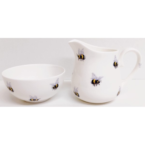 Rainbow Decors Bees Cream/Milk Jug and Sugar Bowl Fine Bone China Bumblebee Matching Set Hand Decorated UK, Bees MilkSugar