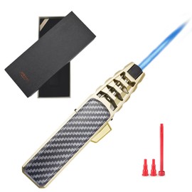 DOUBFIVSY Butane Torch Lighter, Refillable Kitchen Cooking Torch with Safety Lock, Windproof Adjustable Jet Flame Solar Beam Torch Blow Torch for Baking BBQ Mens Gifts (Without Gas) (Golden)