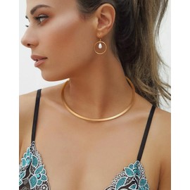 Aobei Pearl 18K Gold Cuff Choker Necklace for Women Simple Flat Wire Neck Collar Jewelry