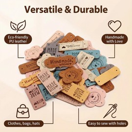 Handmade Leather Labels 56 Pcs – Artificial Colorful Leather Labels with Love Hearts Durable Crochet Tags for Handmade Items,Sew On Patch for DIY Crafts, Bags, Hats, Shoes (7 Colors)