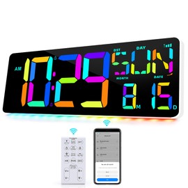 TXL 13.7" Bluetooth Large LED Digital Wall Clock with Night Light, 11 RGB Color Changing, Count Up/Down Timer Clock with Remote Control, Adjustable Brightness Wall Clock for Home, Office, Auto DST.